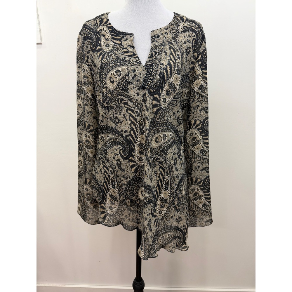Fred David Womens XL Paisley Split Neck Long Sleeve Blouse Black Tan V2U143